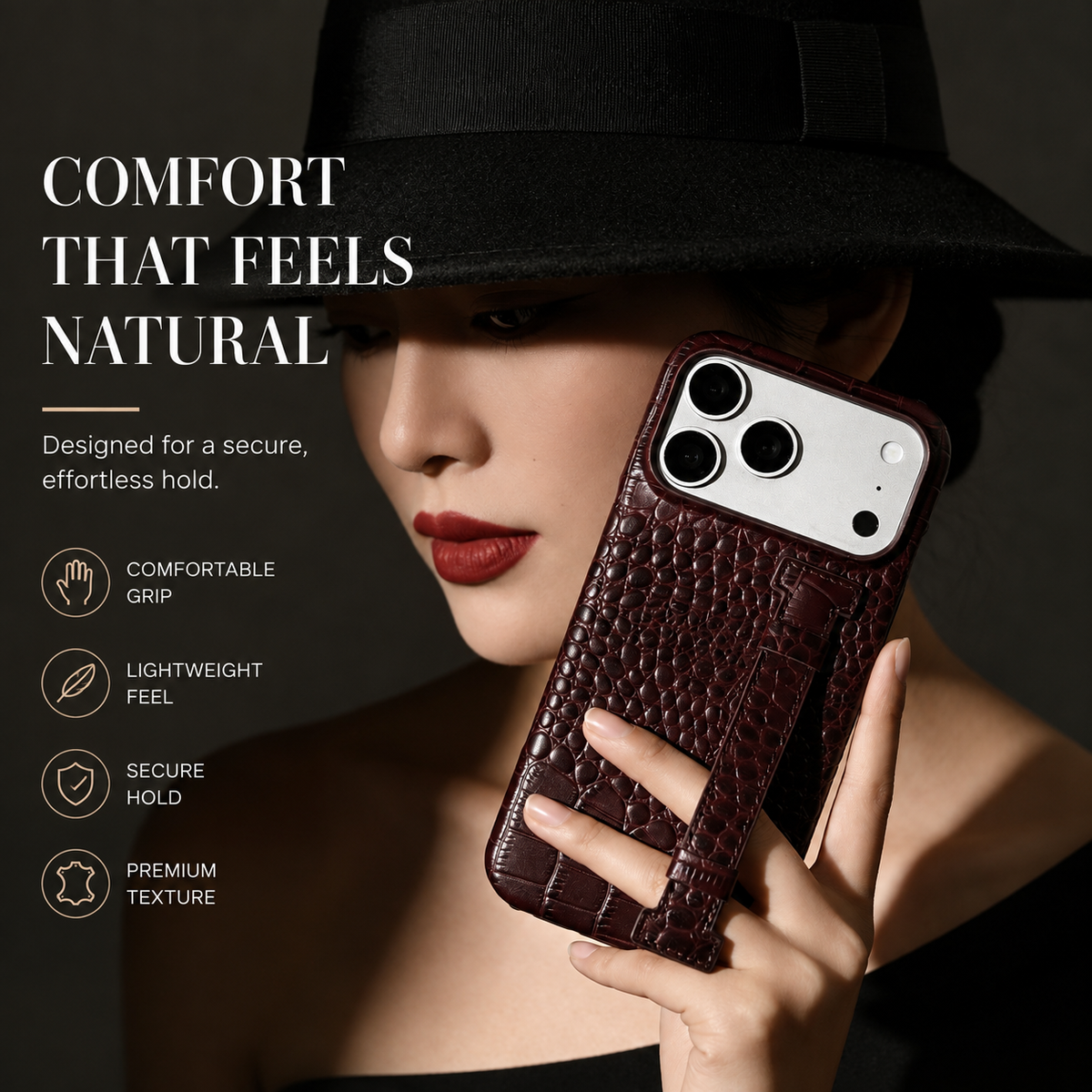 Premium iPhone Case Genuine Leather Crocodile Pattern Shockproof Protective Cover Wrist Strap Kickstand Anti Scratch Non Slip Slim Lightweight Case