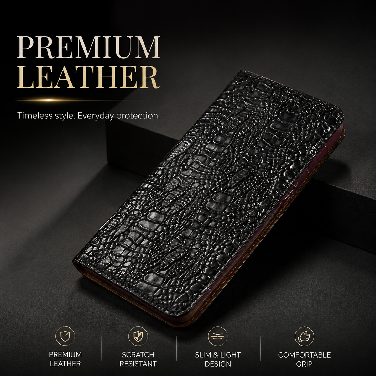 Premium iPhone Case Genuine Leather Crocodile Texture Flip Cover Card Pocket Shockproof Full Protection Anti Scratch Non Slip Slim Design