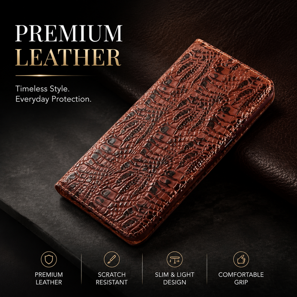 Premium iPhone Case Genuine Leather Crocodile Texture Flip Cover Card Pocket Shockproof Full Protection Anti Scratch Non Slip Slim Design
