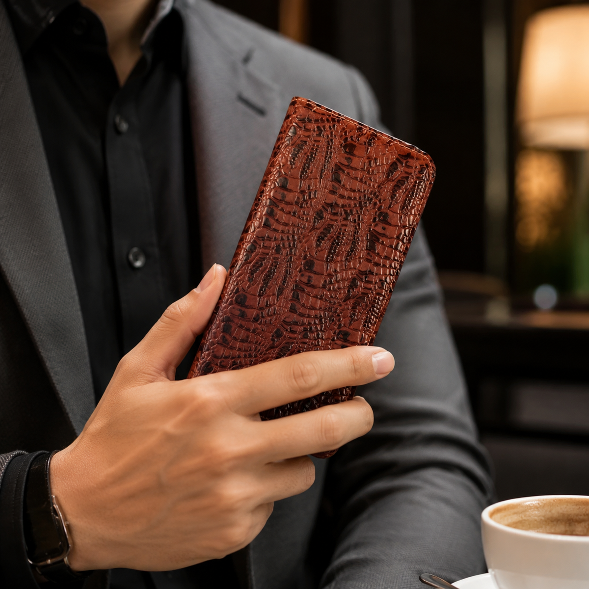 Premium iPhone Case Genuine Leather Crocodile Texture Flip Cover Card Pocket Shockproof Full Protection Anti Scratch Non Slip Slim Design