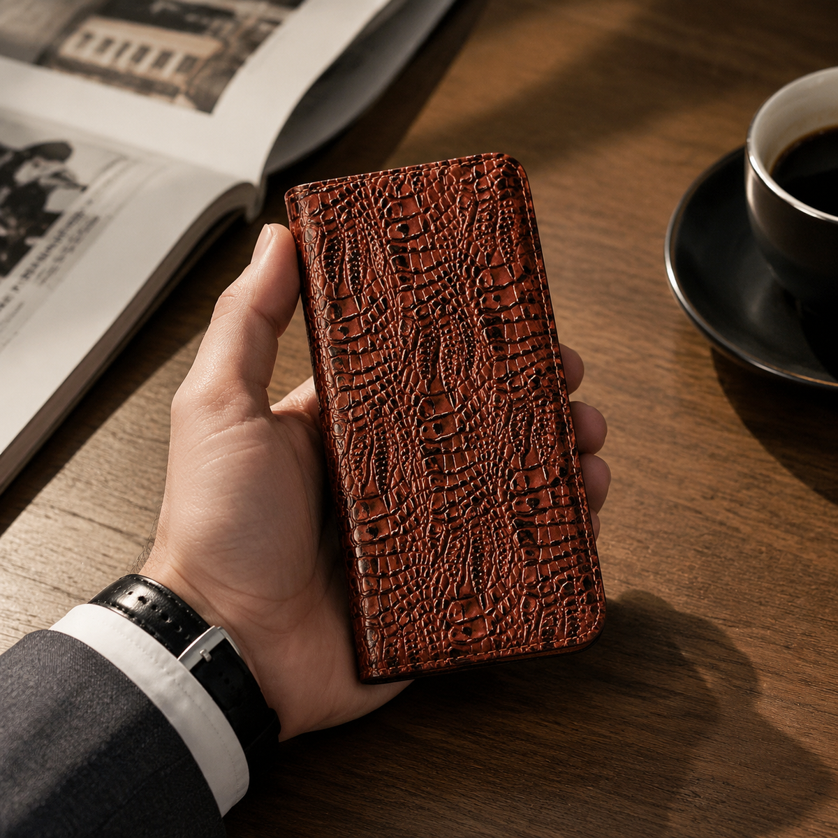Premium iPhone Case Genuine Leather Crocodile Texture Flip Cover Card Pocket Shockproof Full Protection Anti Scratch Non Slip Slim Design