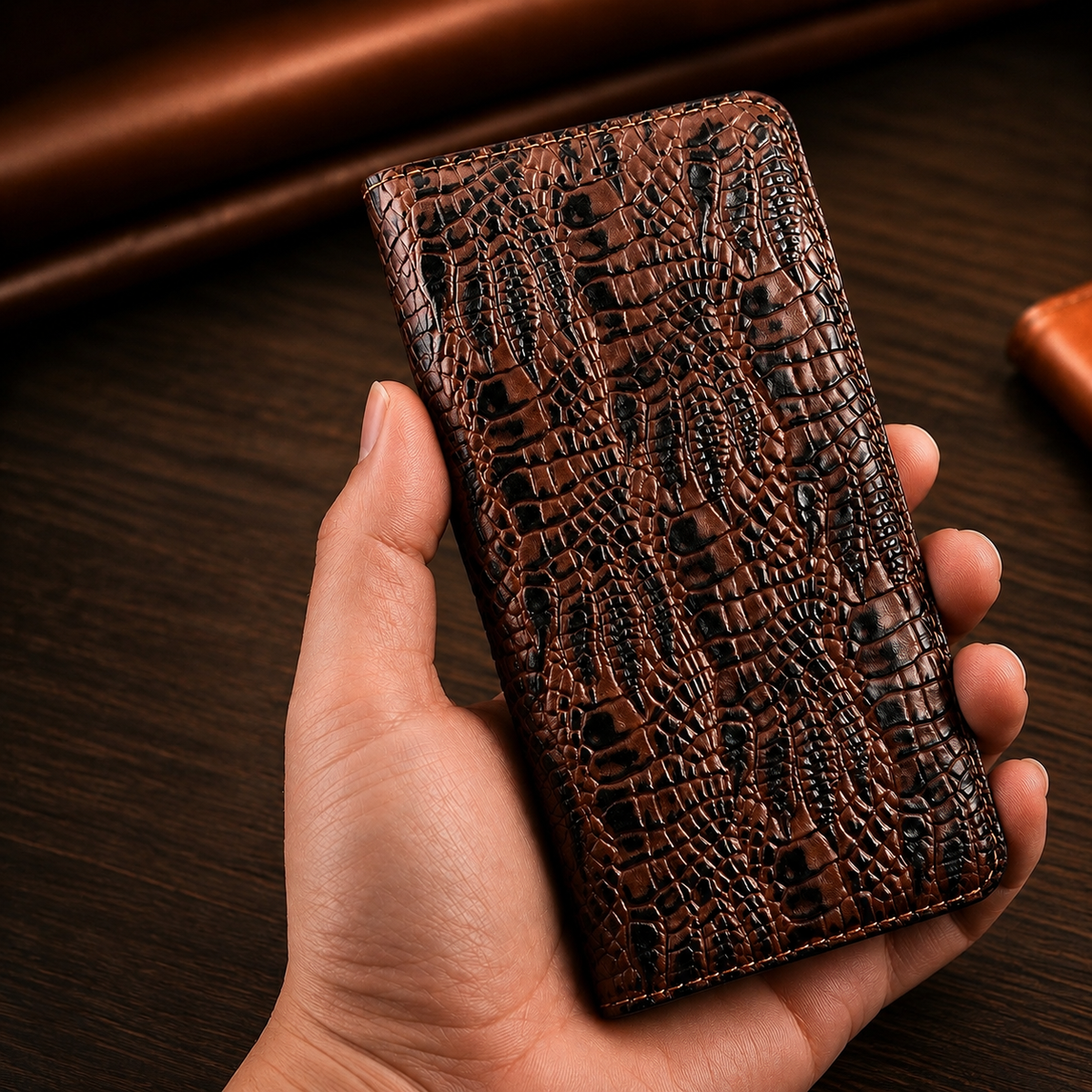 Premium iPhone Case Genuine Leather Crocodile Texture Flip Cover Card Pocket Shockproof Full Protection Anti Scratch Non Slip Slim Design