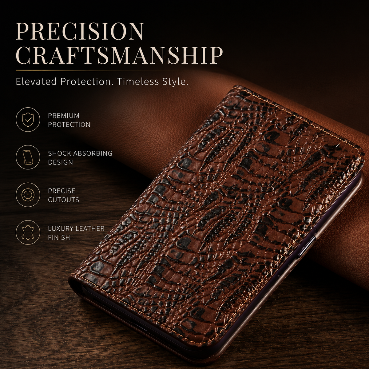 Premium iPhone Case Genuine Leather Crocodile Texture Flip Cover Card Pocket Shockproof Full Protection Anti Scratch Non Slip Slim Design