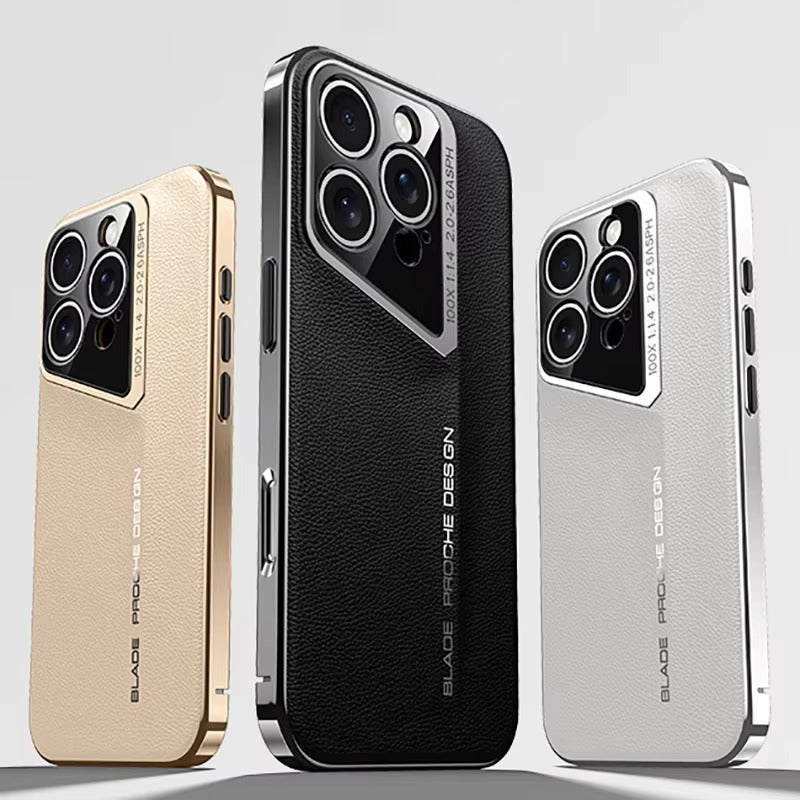 Premium iPhone Case Genuine Leather Electroplated Shockproof Protective Cover Hard PC Back Camera Lens Protection Anti Slip Grip Ultra Thin Slim Design
