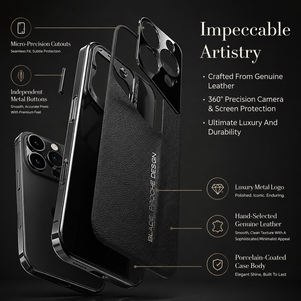 Premium iPhone Case Genuine Leather Electroplated Shockproof Protective Cover Hard PC Back Camera Lens Protection Anti Slip Grip Ultra Thin Slim Design
