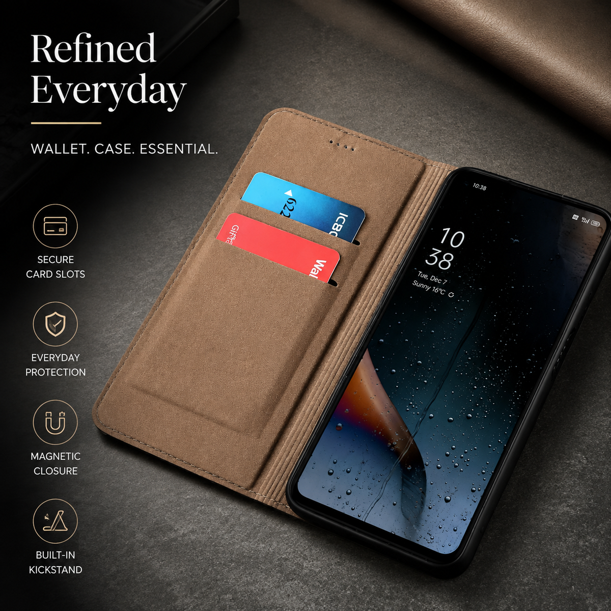 Premium iPhone Case Genuine Leather Flip Cover Card Pocket Non Slip Full Protection Scratch Resistant Soft Interior Slim Wallet Design Matte Daily Use