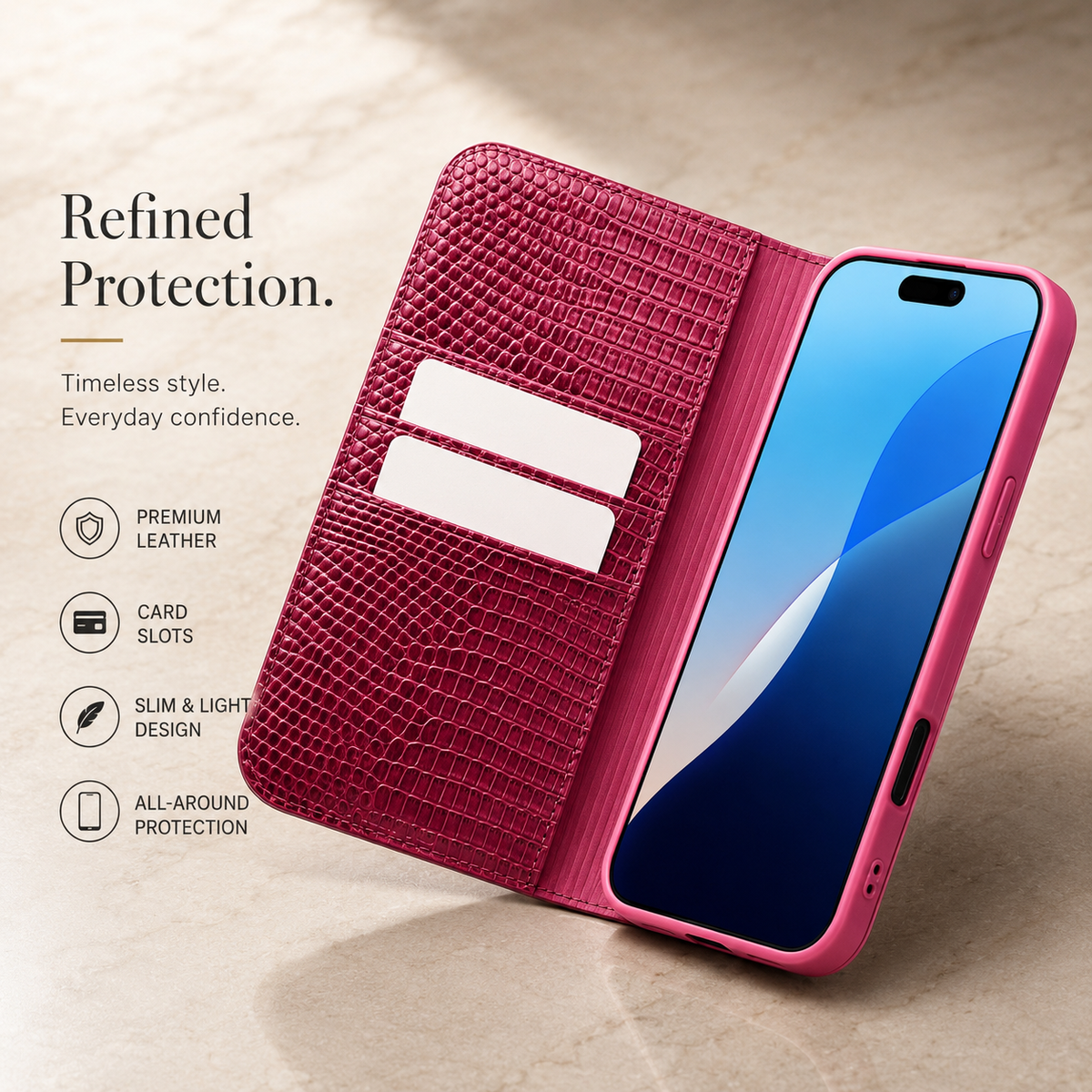 Premium iPhone Case Genuine Leather Flip Wallet Magnetic Closure Kickstand Card Holder Shockproof Dustproof Non Slip Full Coverage Protective Cover