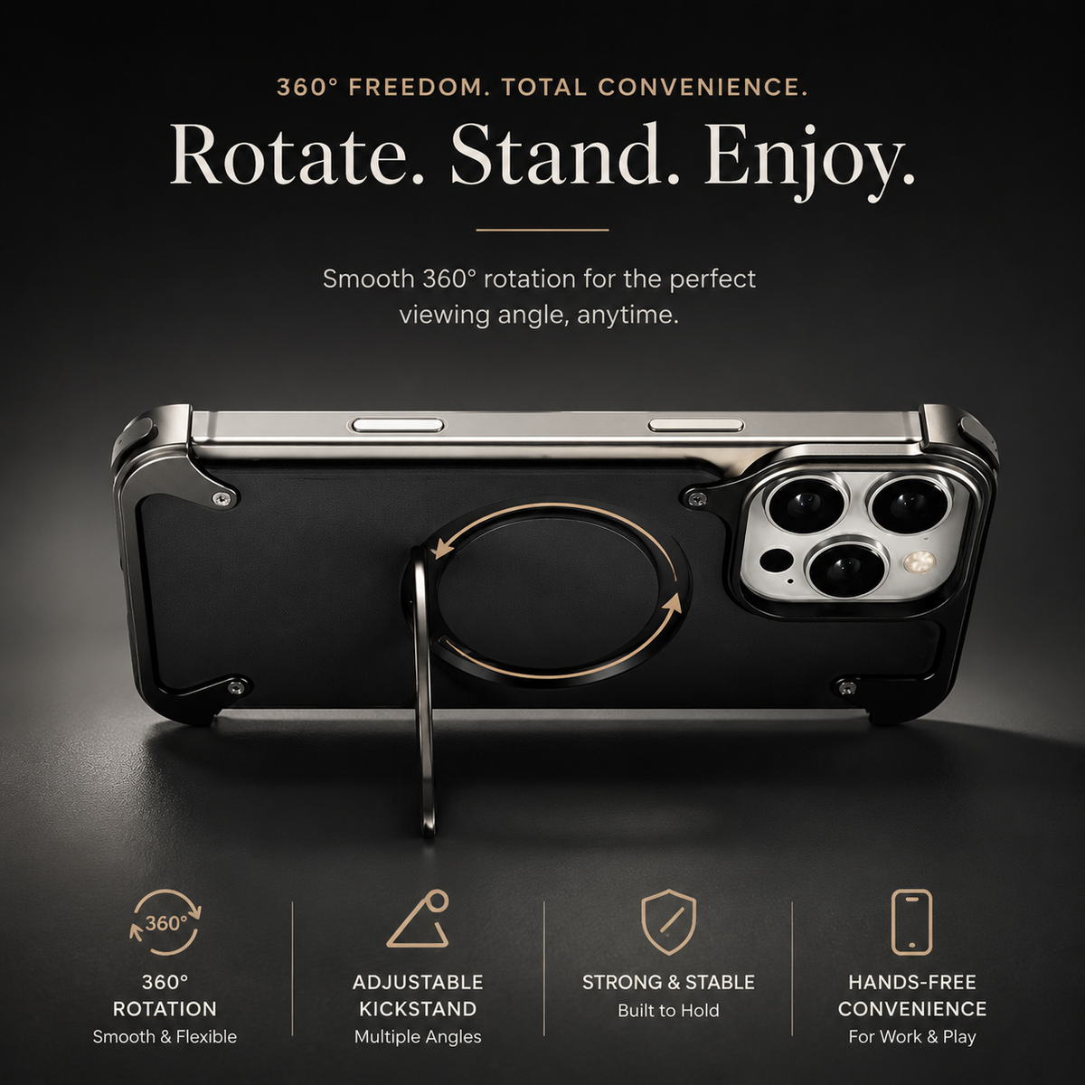 Premium iPhone Case Genuine Leather MagSafe Magnetic Cover Frameless Rotating Ring Stand Shockproof Anti-Drop Slim Protective Design for Everyday Uses