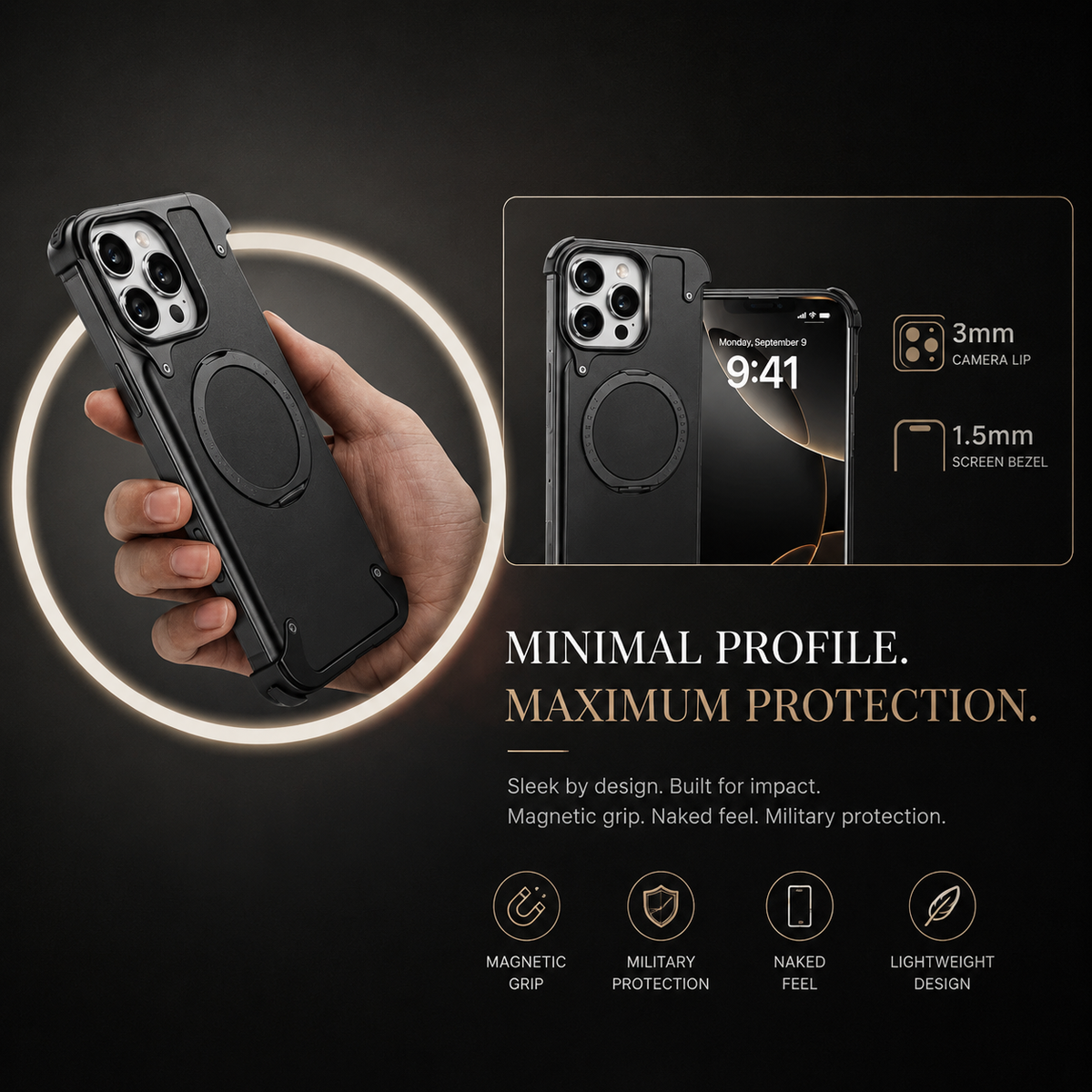 Premium iPhone Case Genuine Leather MagSafe Magnetic Cover Frameless Rotating Ring Stand Shockproof Anti-Drop Slim Protective Design for Everyday Uses