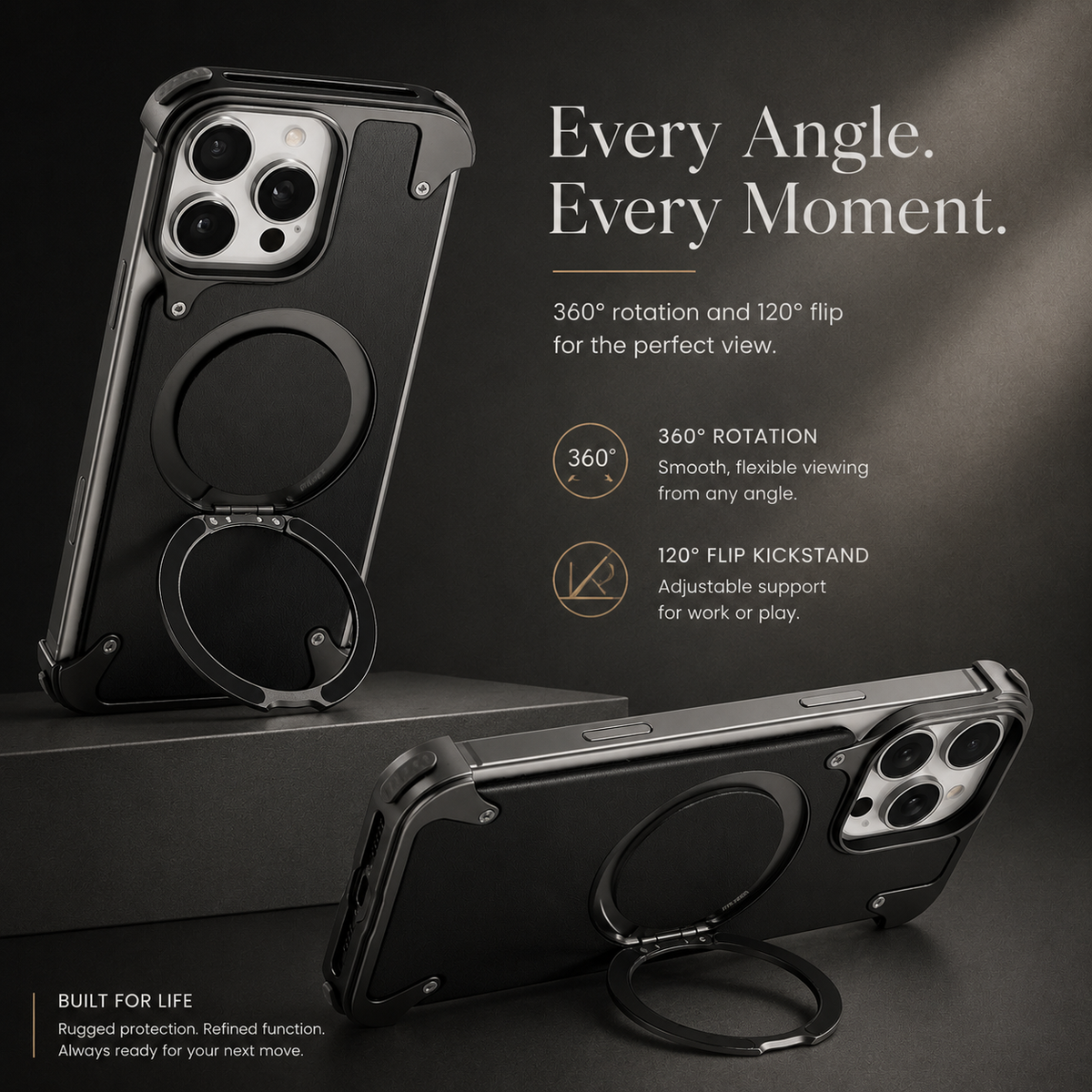 Premium iPhone Case Genuine Leather MagSafe Magnetic Cover Frameless Rotating Ring Stand Shockproof Anti-Drop Slim Protective Design for Everyday Uses