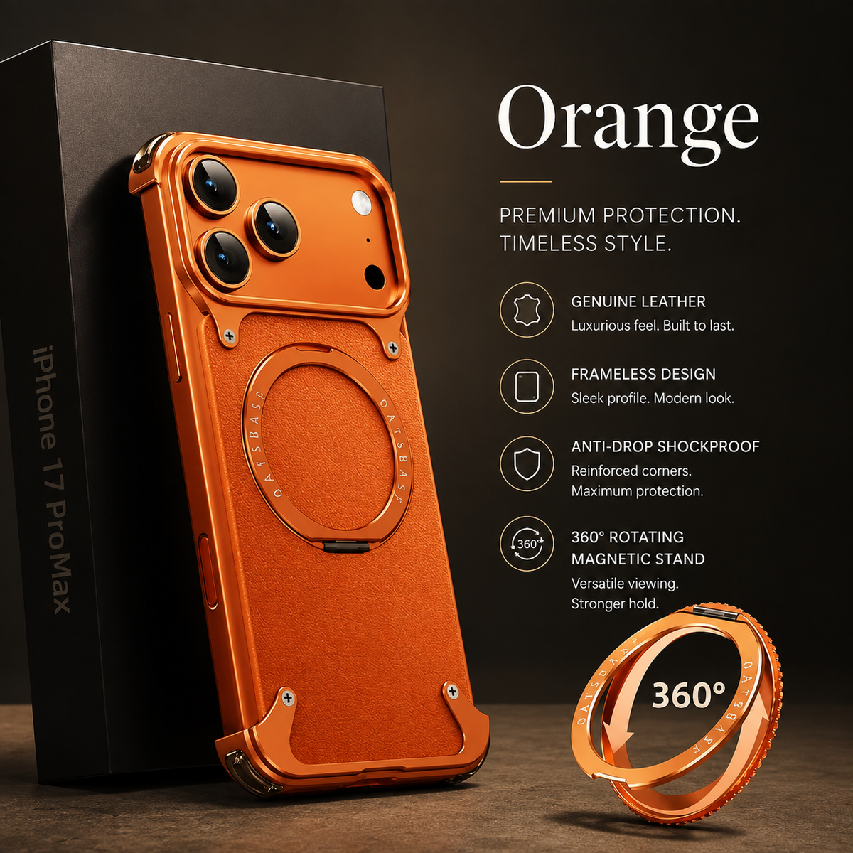 Premium iPhone Case Genuine Leather MagSafe Magnetic Cover Frameless Rotating Ring Stand Shockproof Anti-Drop Slim Protective Design for Everyday Uses