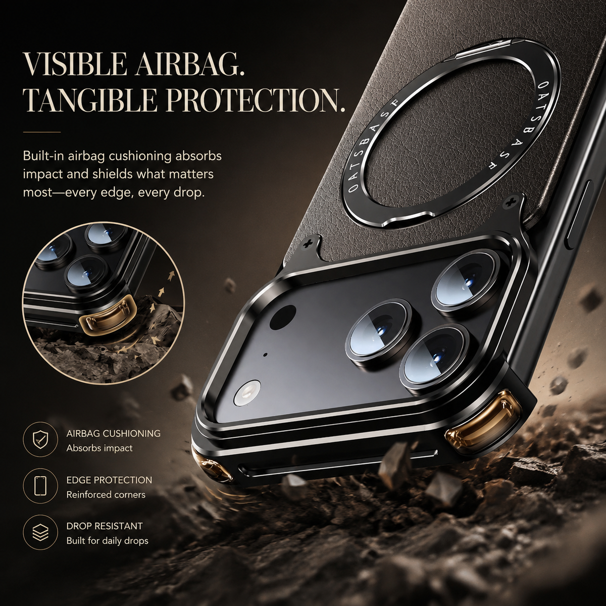 Premium iPhone Case Genuine Leather MagSafe Magnetic Cover Frameless Rotating Ring Stand Shockproof Anti-Drop Slim Protective Design for Everyday Uses