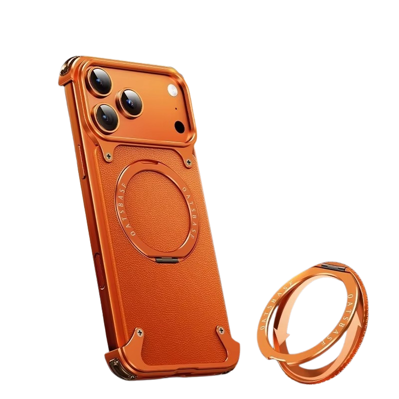 Premium iPhone Case Genuine Leather MagSafe Magnetic Cover Frameless Rotating Ring Stand Shockproof Anti-Drop Slim Protective Design for Everyday Uses
