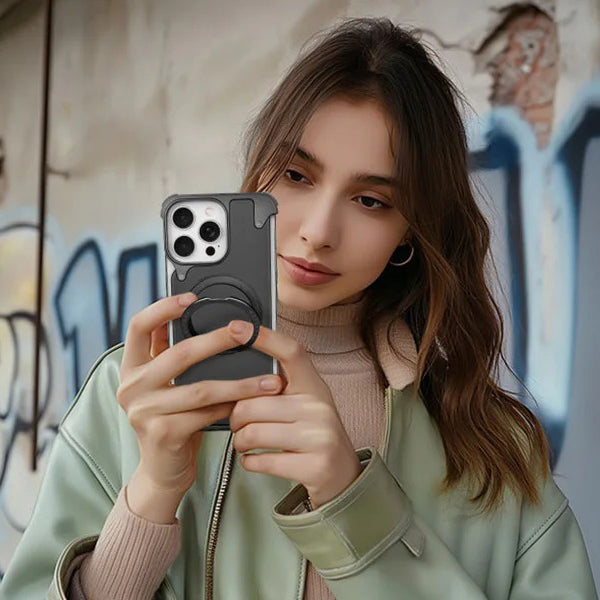 Premium iPhone Case Genuine Leather MagSafe Magnetic Cover Frameless Rotating Ring Stand Shockproof Anti-Drop Slim Protective Design for Everyday Uses