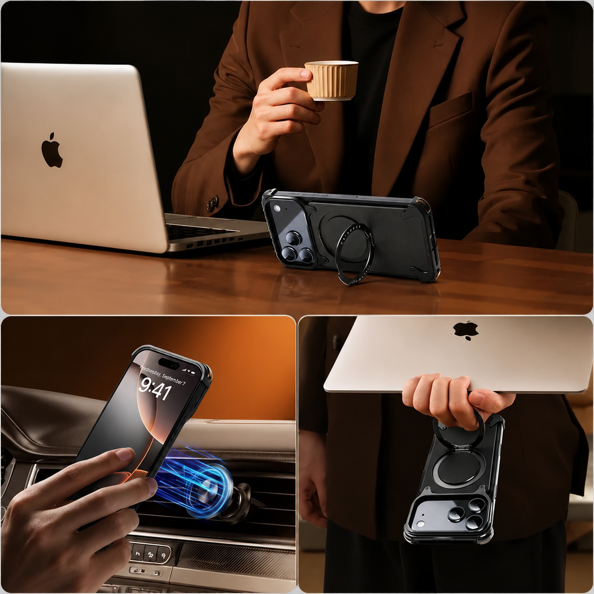 Premium iPhone Case Genuine Leather MagSafe Magnetic Cover Frameless Rotating Ring Stand Shockproof Anti-Drop Slim Protective Design for Everyday Uses