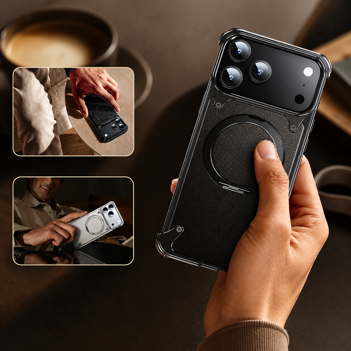 Premium iPhone Case Genuine Leather MagSafe Magnetic Cover Frameless Rotating Ring Stand Shockproof Anti-Drop Slim Protective Design for Everyday Uses
