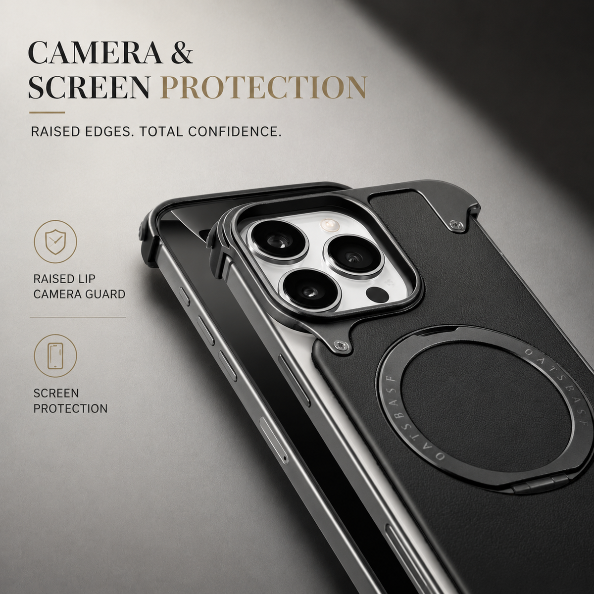 Premium iPhone Case Genuine Leather MagSafe Magnetic Cover Frameless Rotating Ring Stand Shockproof Anti-Drop Slim Protective Design for Everyday Uses