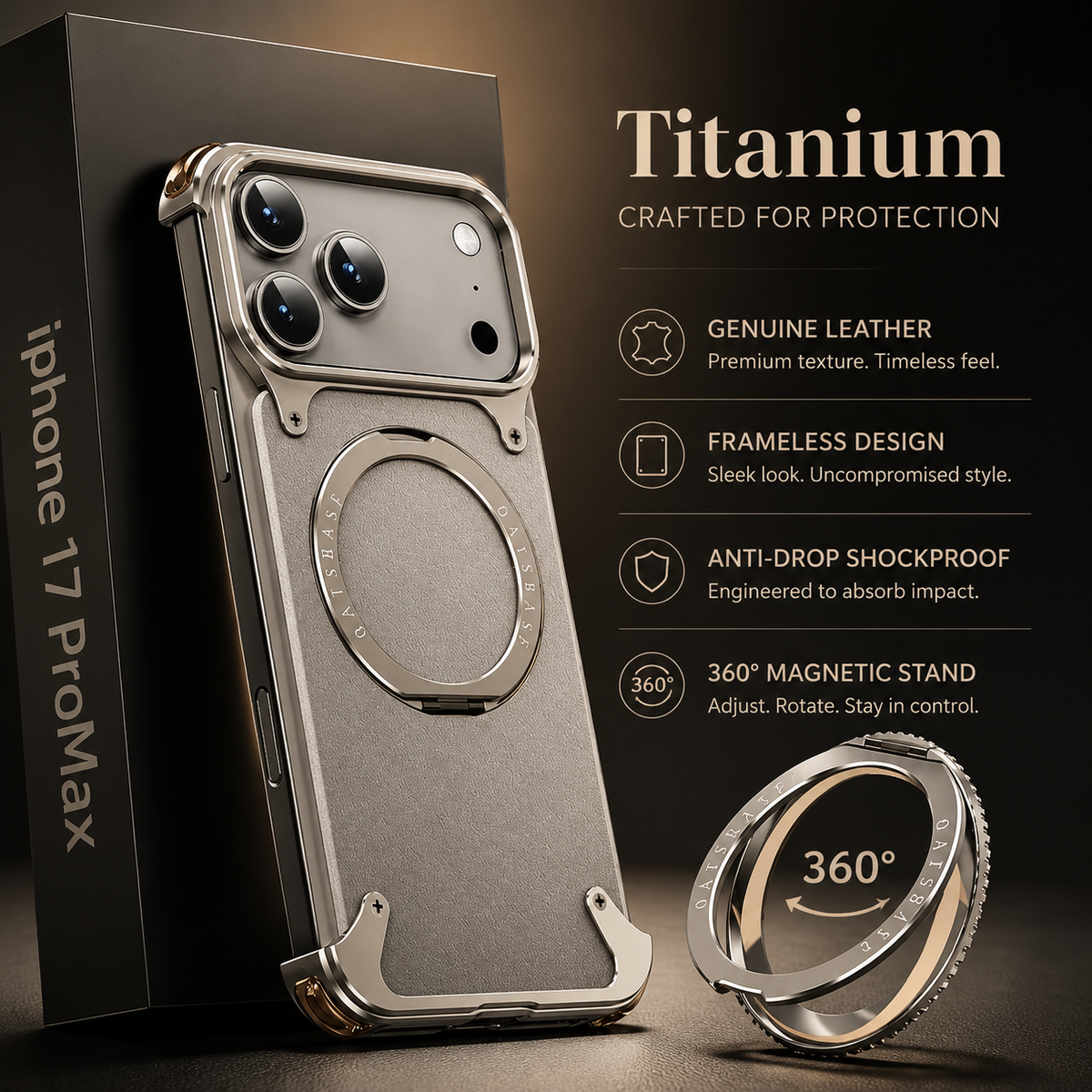 Premium iPhone Case Genuine Leather MagSafe Magnetic Cover Frameless Rotating Ring Stand Shockproof Anti-Drop Slim Protective Design for Everyday Uses