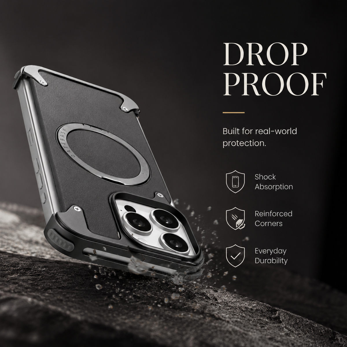 Premium iPhone Case Genuine Leather MagSafe Magnetic Cover Frameless Rotating Ring Stand Shockproof Anti-Drop Slim Protective Design for Everyday Uses