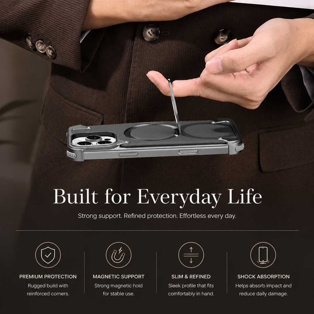 Premium iPhone Case Genuine Leather MagSafe Magnetic Cover Frameless Rotating Ring Stand Shockproof Anti-Drop Slim Protective Design for Everyday Uses