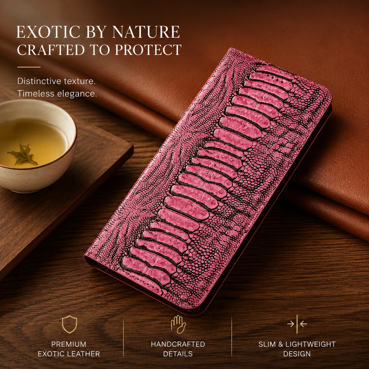 Premium iPhone Case Genuine Leather Ostrich Pattern Wallet Magnetic Card Holder Kickstand Water Resistant Anti Scratch Full Coverage Protective Cover