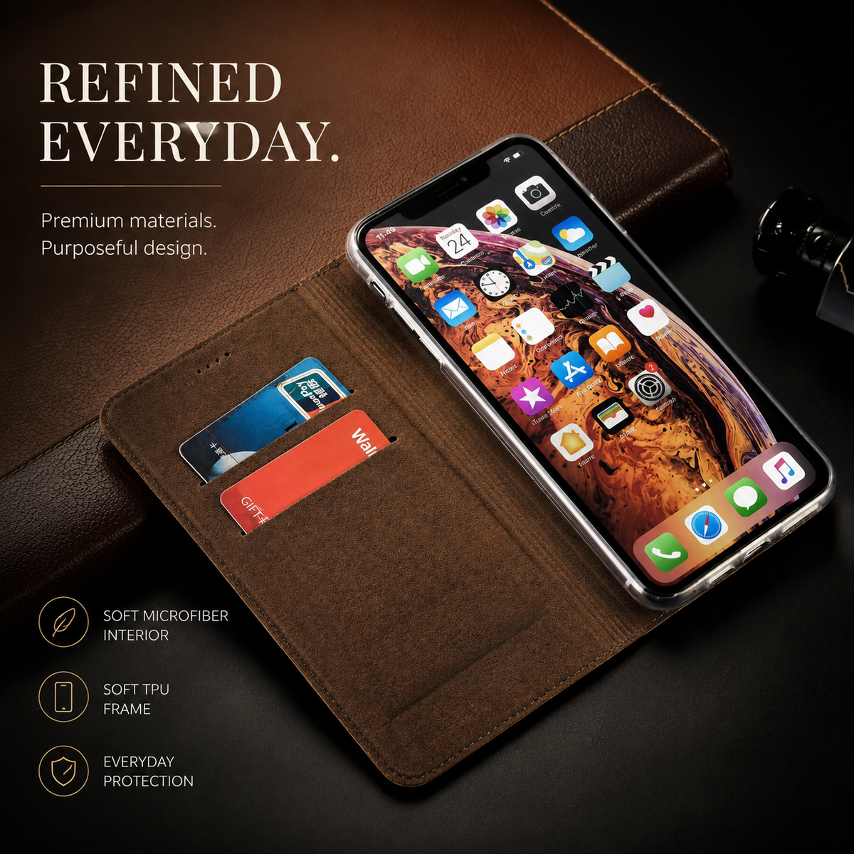 Premium iPhone Case Genuine Leather Ostrich Pattern Wallet Magnetic Card Holder Kickstand Water Resistant Anti Scratch Full Coverage Protective Cover