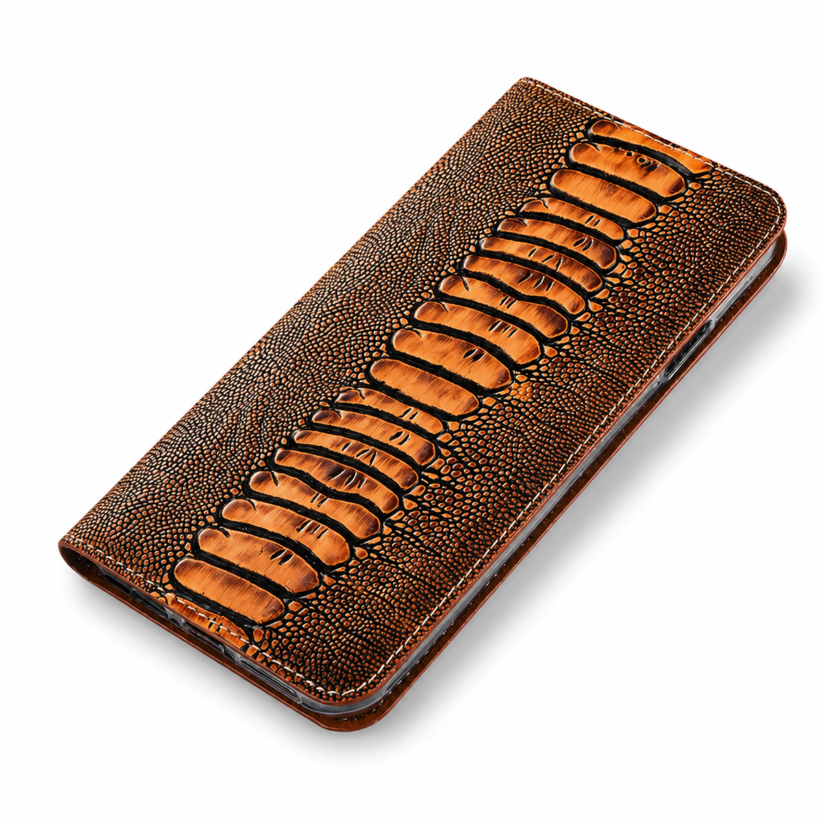 Premium iPhone Case Genuine Leather Ostrich Pattern Wallet Magnetic Card Holder Kickstand Water Resistant Anti Scratch Full Coverage Protective Cover