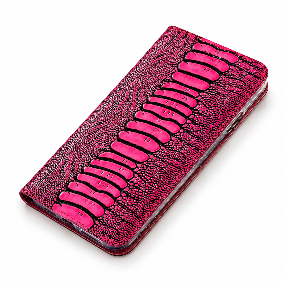 Premium iPhone Case Genuine Leather Ostrich Pattern Wallet Magnetic Card Holder Kickstand Water Resistant Anti Scratch Full Coverage Protective Cover