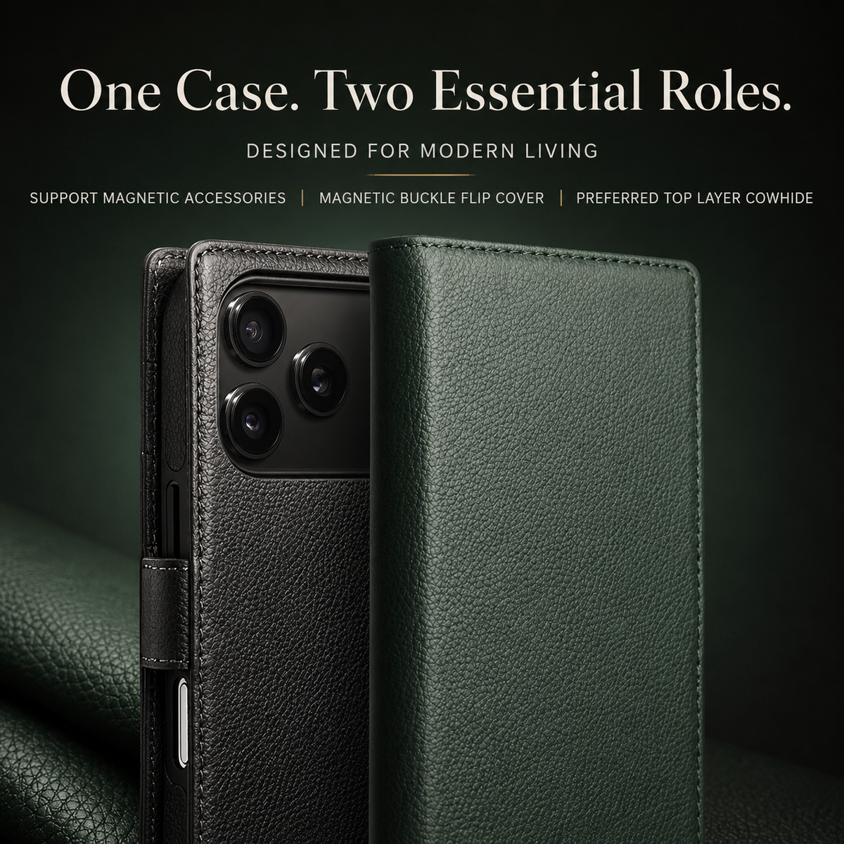 Premium iPhone Case Genuine Leather Wallet Flip Cover Card Holder Kickstand Stand Shockproof Slim Cowhide TPU Lining Non Slip Protective Design Secure