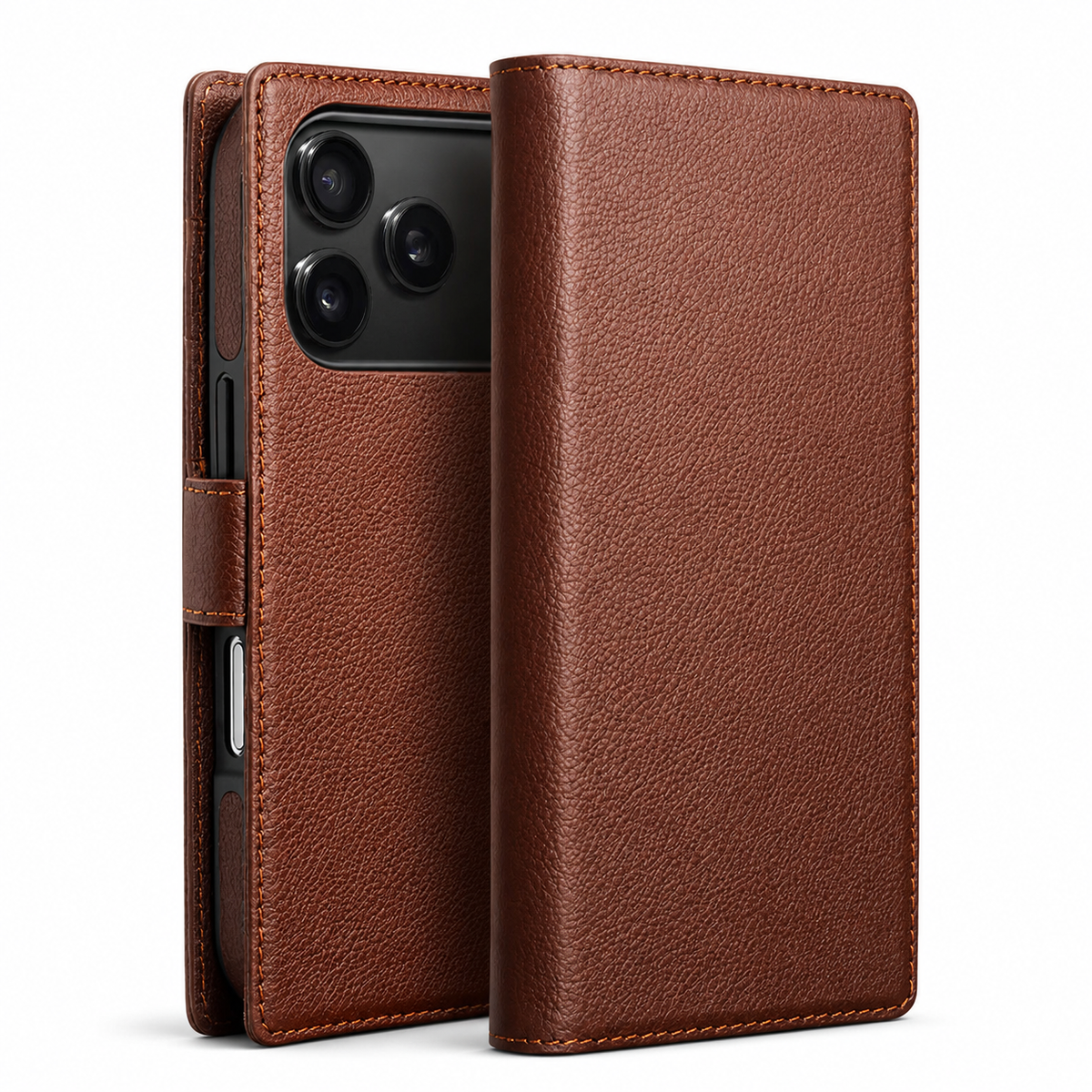 Premium iPhone Case Genuine Leather Wallet Flip Cover Card Holder Kickstand Stand Shockproof Slim Cowhide TPU Lining Non Slip Protective Design Secure