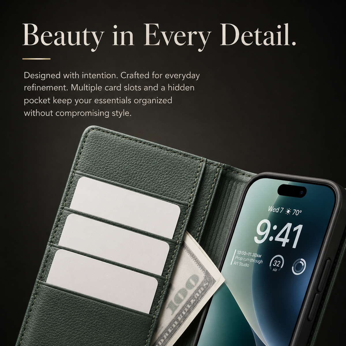 Premium iPhone Case Genuine Leather Wallet Flip Cover Card Holder Kickstand Stand Shockproof Slim Cowhide TPU Lining Non Slip Protective Design Secure