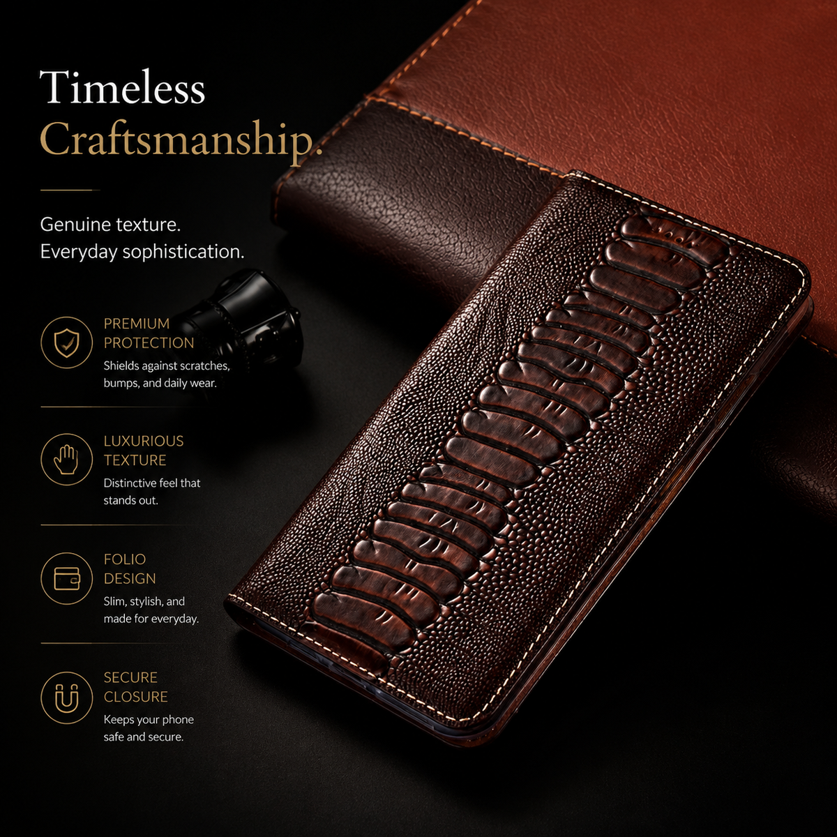 Premium iPhone Case Genuine Leather Wallet MagSafe Compatible Flip Cover Card Holder Magnetic Closure Shockproof Camera Protection Slim Elegant Design