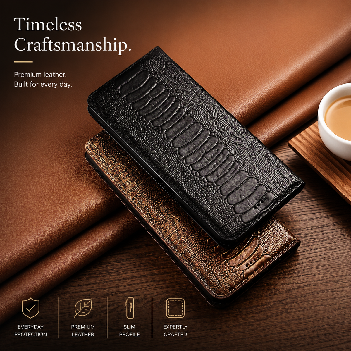Premium iPhone Case Genuine Leather Wallet MagSafe Compatible Flip Cover Card Holder Magnetic Closure Shockproof Camera Protection Slim Elegant Design