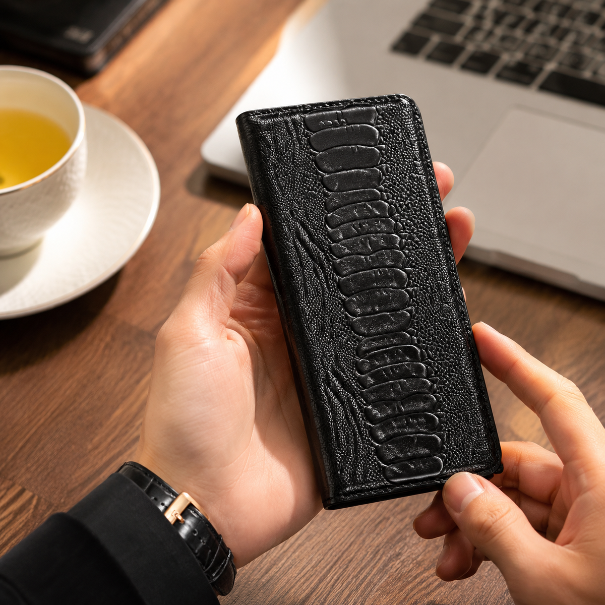 Premium iPhone Case Genuine Leather Wallet MagSafe Compatible Flip Cover Card Holder Magnetic Closure Shockproof Camera Protection Slim Elegant Design