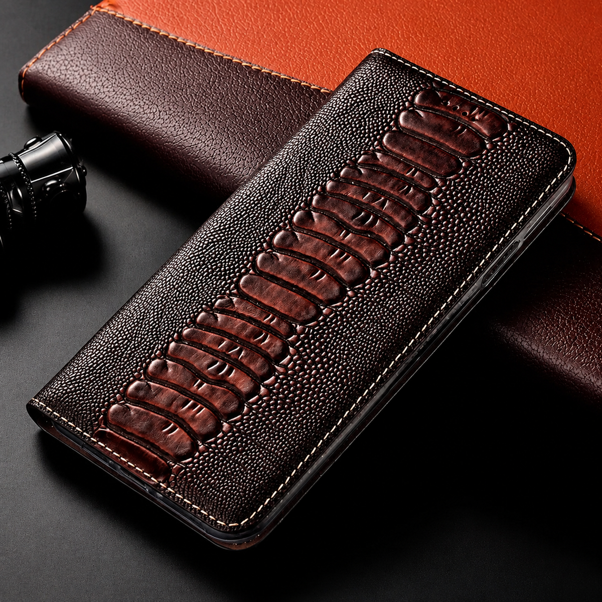 Premium iPhone Case Genuine Leather Wallet MagSafe Compatible Flip Cover Card Holder Magnetic Closure Shockproof Camera Protection Slim Elegant Design