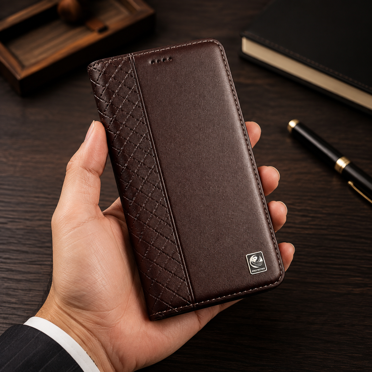 Premium iPhone Case Genuine Nappa Leather Wallet Flip Cover Card Holder Magnetic Closure Shockproof Full Body Stand Slim Business Design
