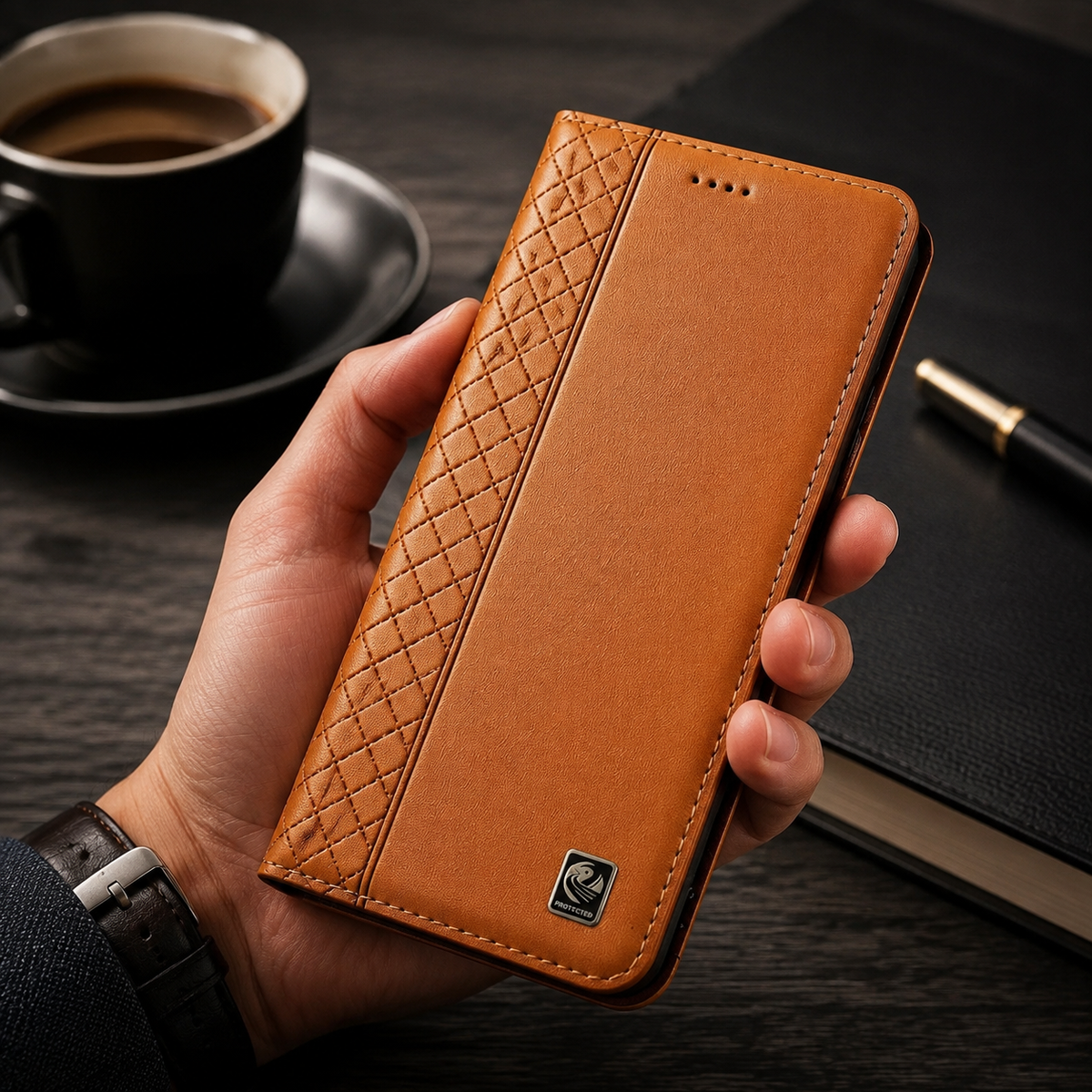 Premium iPhone Case Genuine Nappa Leather Wallet Flip Cover Card Holder Magnetic Closure Shockproof Full Body Stand Slim Business Design