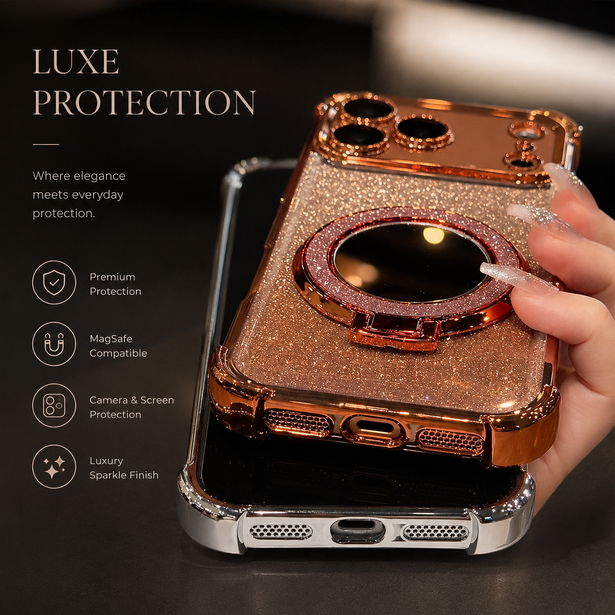 Premium iPhone Case Glitter Mirror Magnetic Bracket Shockproof Silicone Anti Scratch Dustproof Non Slip Grip Raised Lens Protection Slim Design
