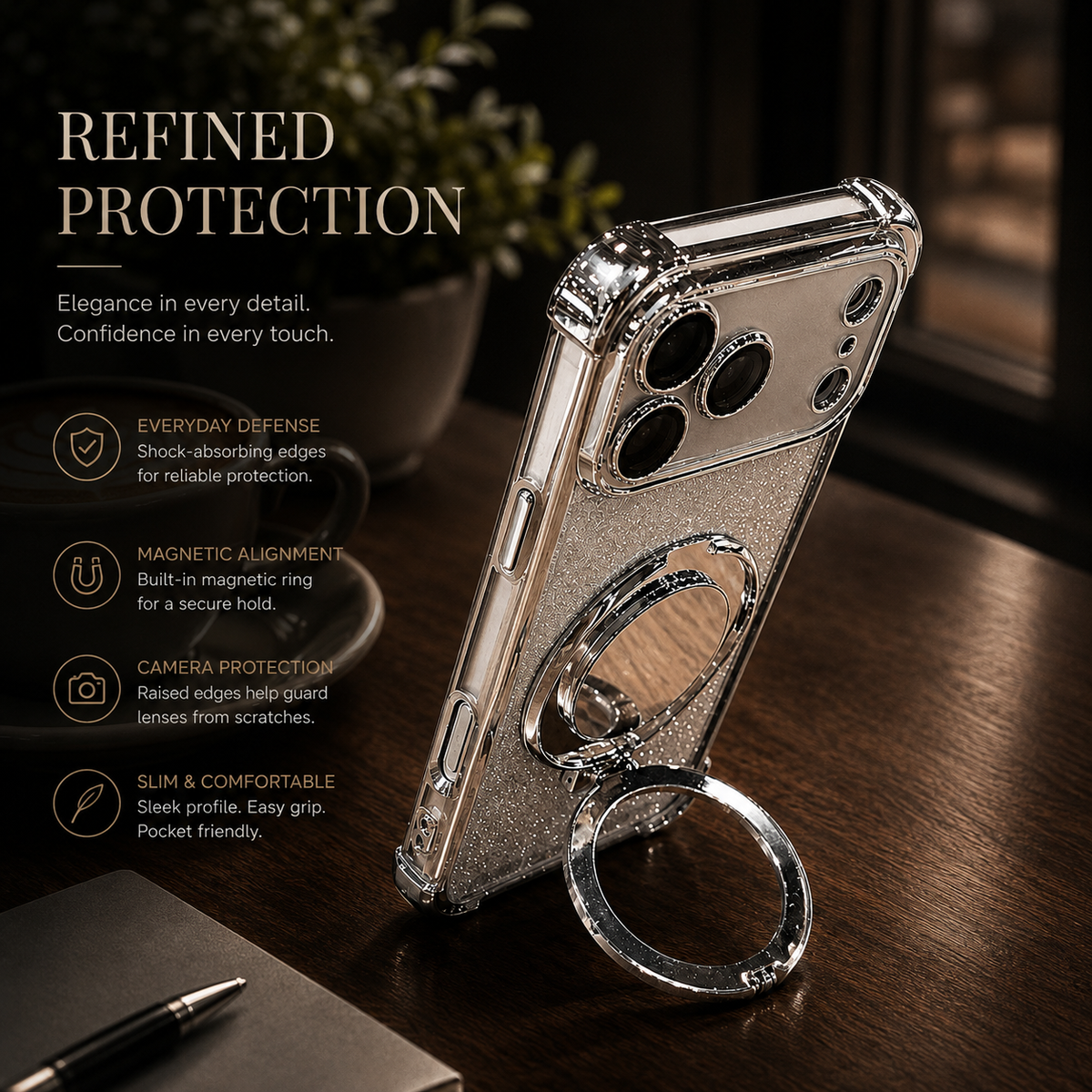 Premium iPhone Case Glitter Mirror Magnetic Bracket Shockproof Silicone Anti Scratch Dustproof Non Slip Grip Raised Lens Protection Slim Design