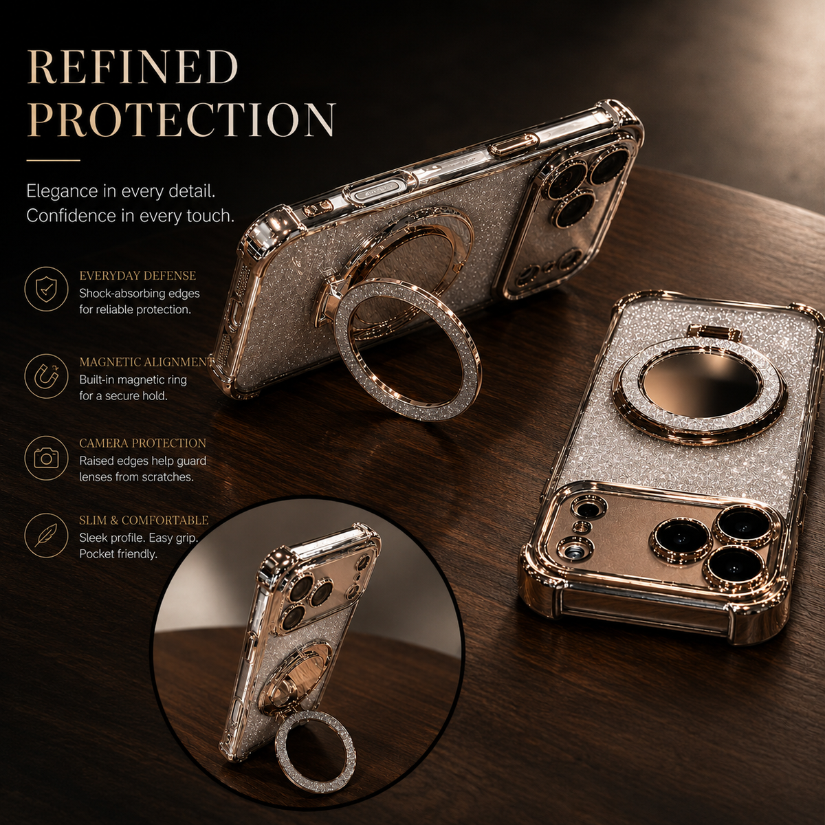 Premium iPhone Case Glitter Mirror Magnetic Bracket Shockproof Silicone Anti Scratch Dustproof Non Slip Grip Raised Lens Protection Slim Design