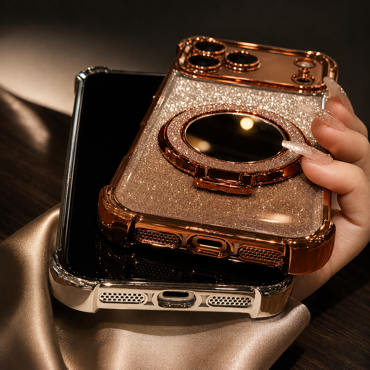 Premium iPhone Case Glitter Mirror Magnetic Bracket Shockproof Silicone Anti Scratch Dustproof Non Slip Grip Raised Lens Protection Slim Design