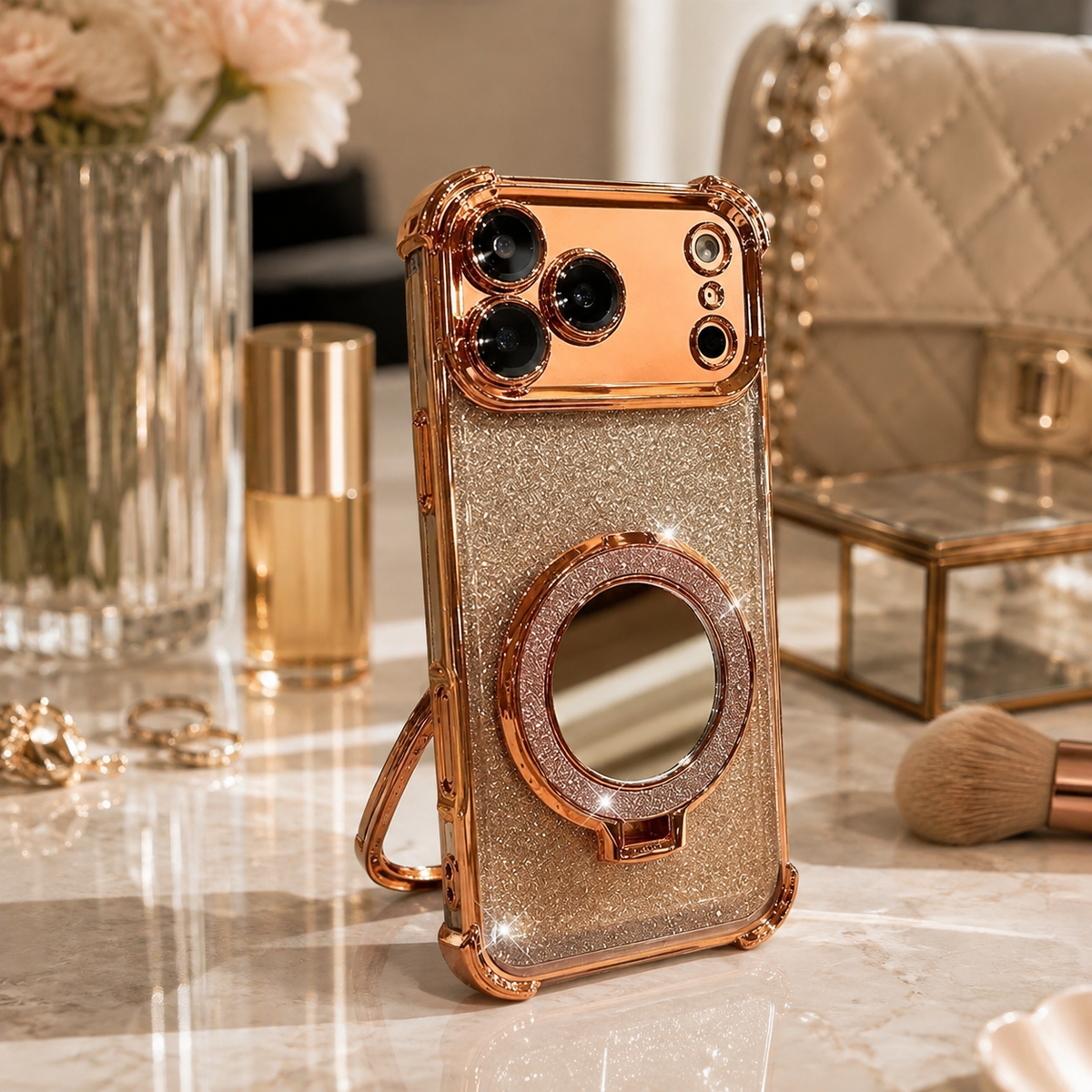 Premium iPhone Case Glitter Mirror Magnetic Bracket Shockproof Silicone Anti Scratch Dustproof Non Slip Grip Raised Lens Protection Slim Design