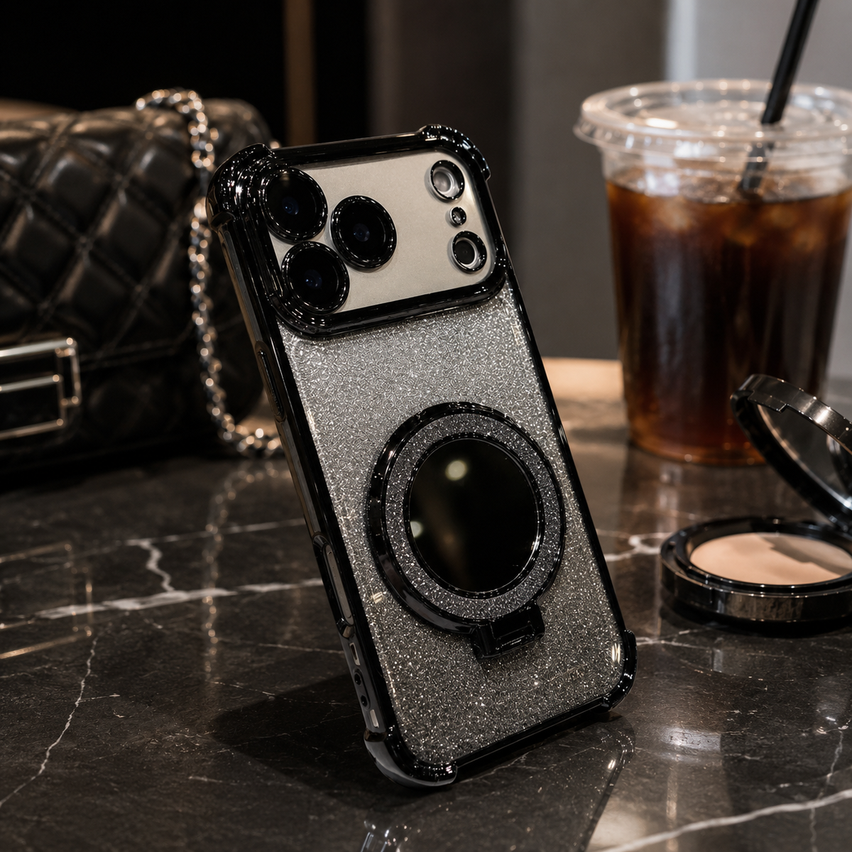 Premium iPhone Case Glitter Mirror Magnetic Bracket Shockproof Silicone Anti Scratch Dustproof Non Slip Grip Raised Lens Protection Slim Design