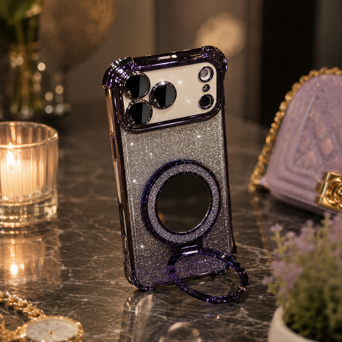 Premium iPhone Case Glitter Mirror Magnetic Bracket Shockproof Silicone Anti Scratch Dustproof Non Slip Grip Raised Lens Protection Slim Design