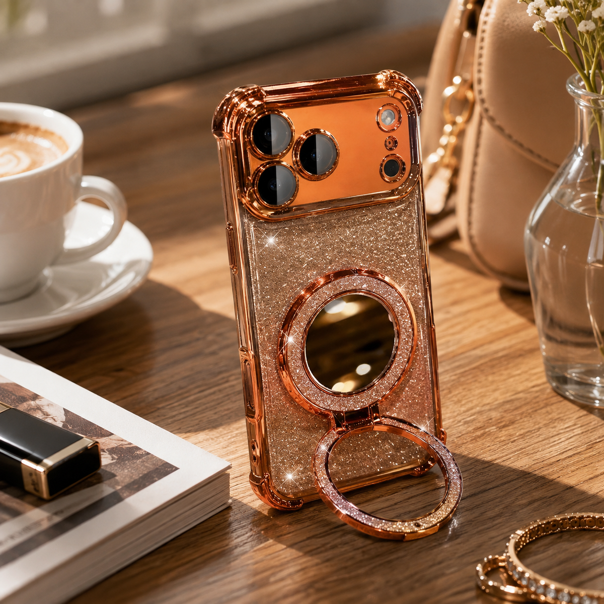 Premium iPhone Case Glitter Mirror Magnetic Bracket Shockproof Silicone Anti Scratch Dustproof Non Slip Grip Raised Lens Protection Slim Design