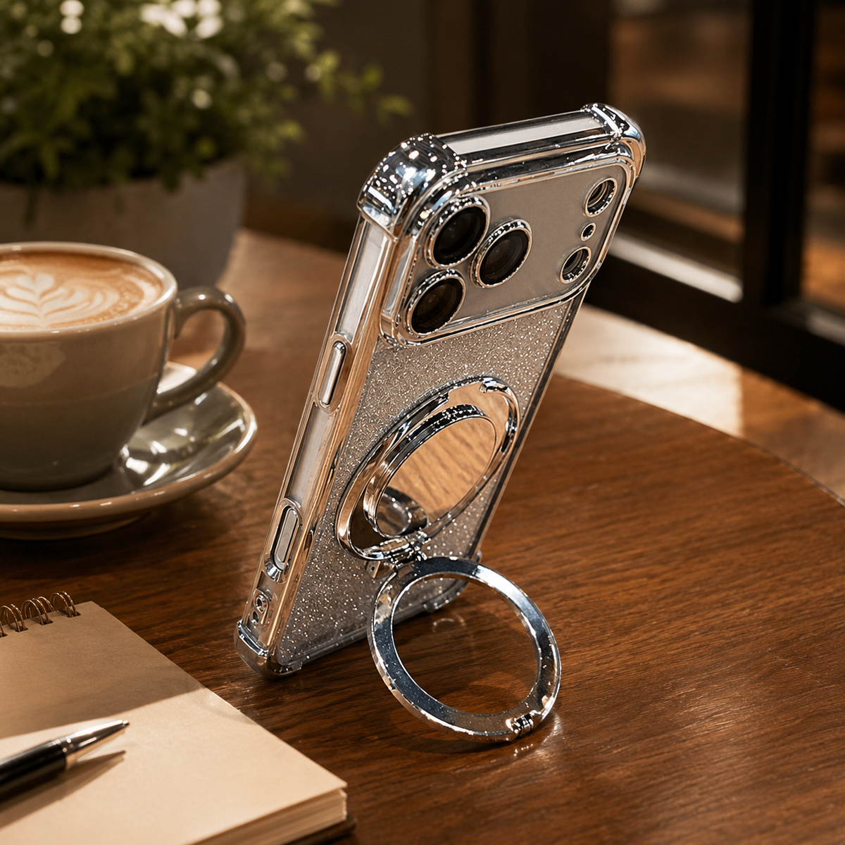Premium iPhone Case Glitter Mirror Magnetic Bracket Shockproof Silicone Anti Scratch Dustproof Non Slip Grip Raised Lens Protection Slim Design