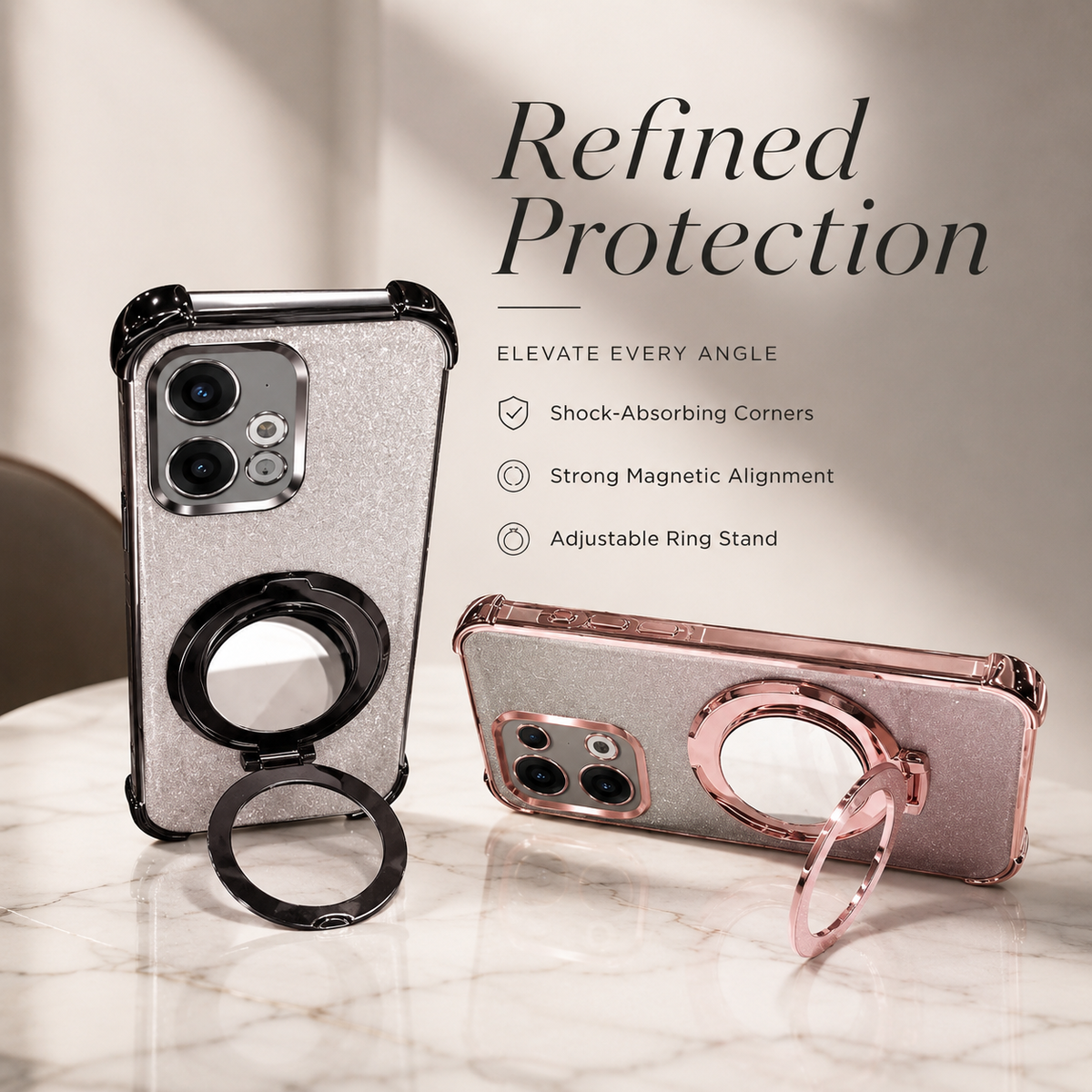 Premium iPhone Case Glitter Mirror Magnetic Bracket Shockproof Silicone Anti Scratch Dustproof Non Slip Grip Raised Lens Protection Slim Design