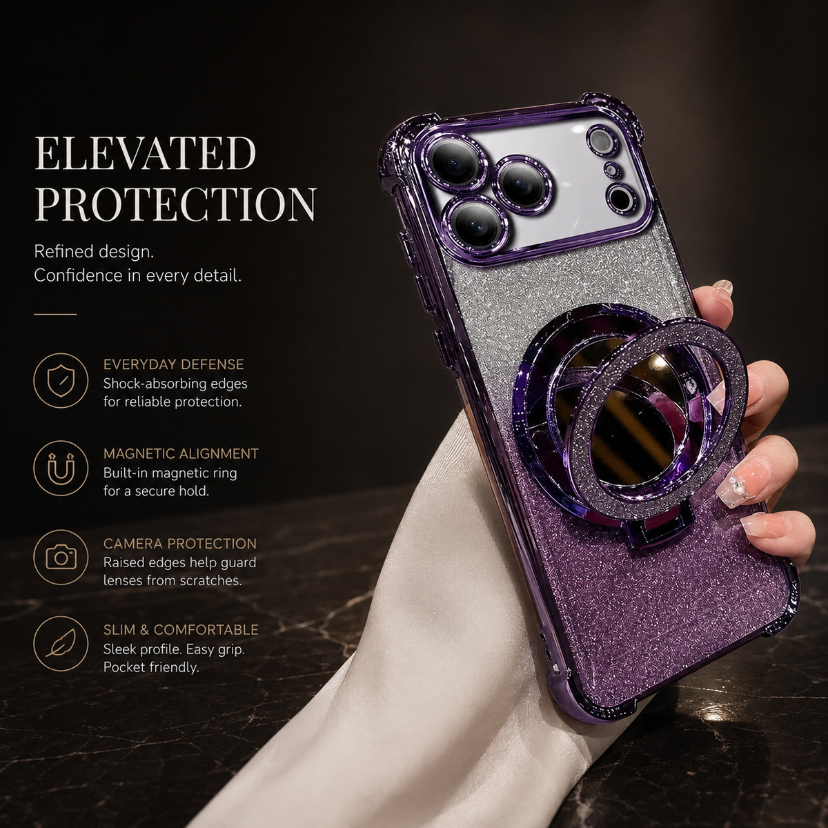 Premium iPhone Case Glitter Mirror Magnetic Bracket Shockproof Silicone Anti Scratch Dustproof Non Slip Grip Raised Lens Protection Slim Design