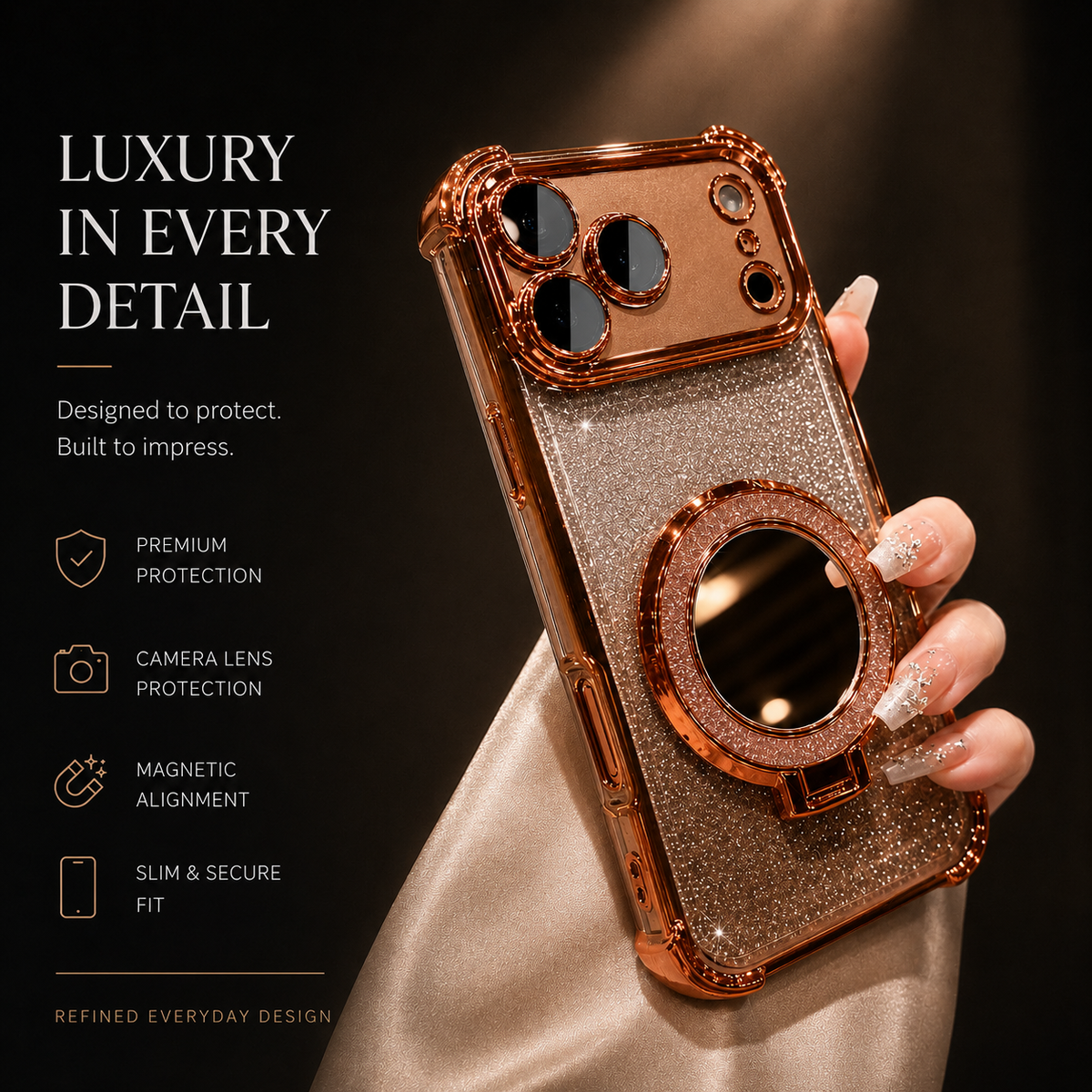 Premium iPhone Case Glitter Mirror Magnetic Stand Cover Shockproof Silicone Anti Scratch Non Slip Protective Case Reflective Bracket Slim Design Style