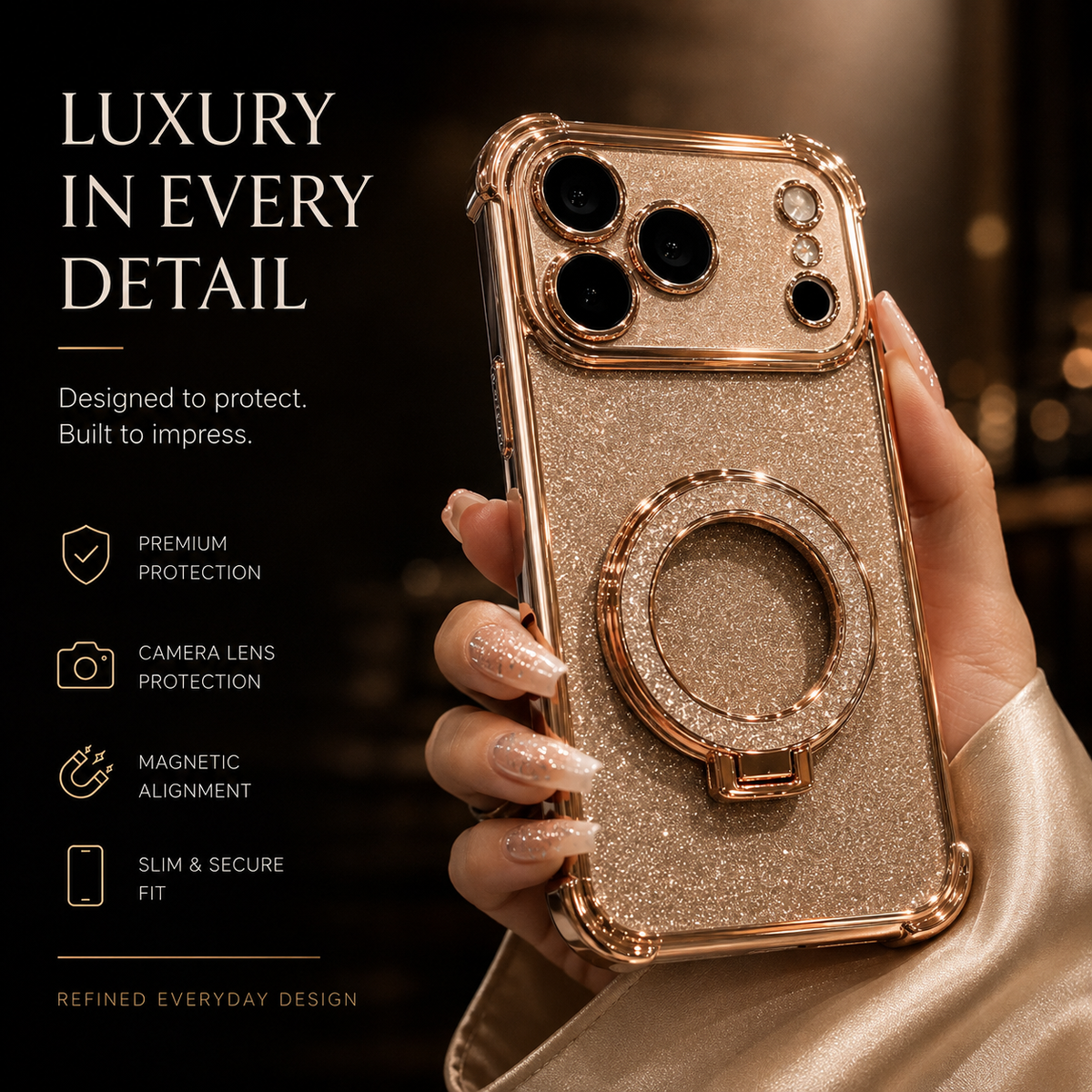 Premium iPhone Case Glitter Mirror Magnetic Stand Cover Shockproof Silicone Anti Scratch Non Slip Protective Case Reflective Bracket Slim Design Style
